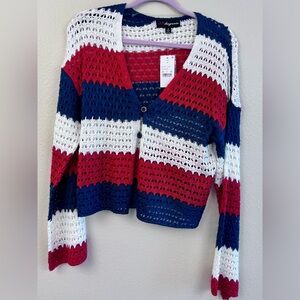 33 Degrees Red White Blue Women's Loose Knit Cardigan Sweater Button Closure Med